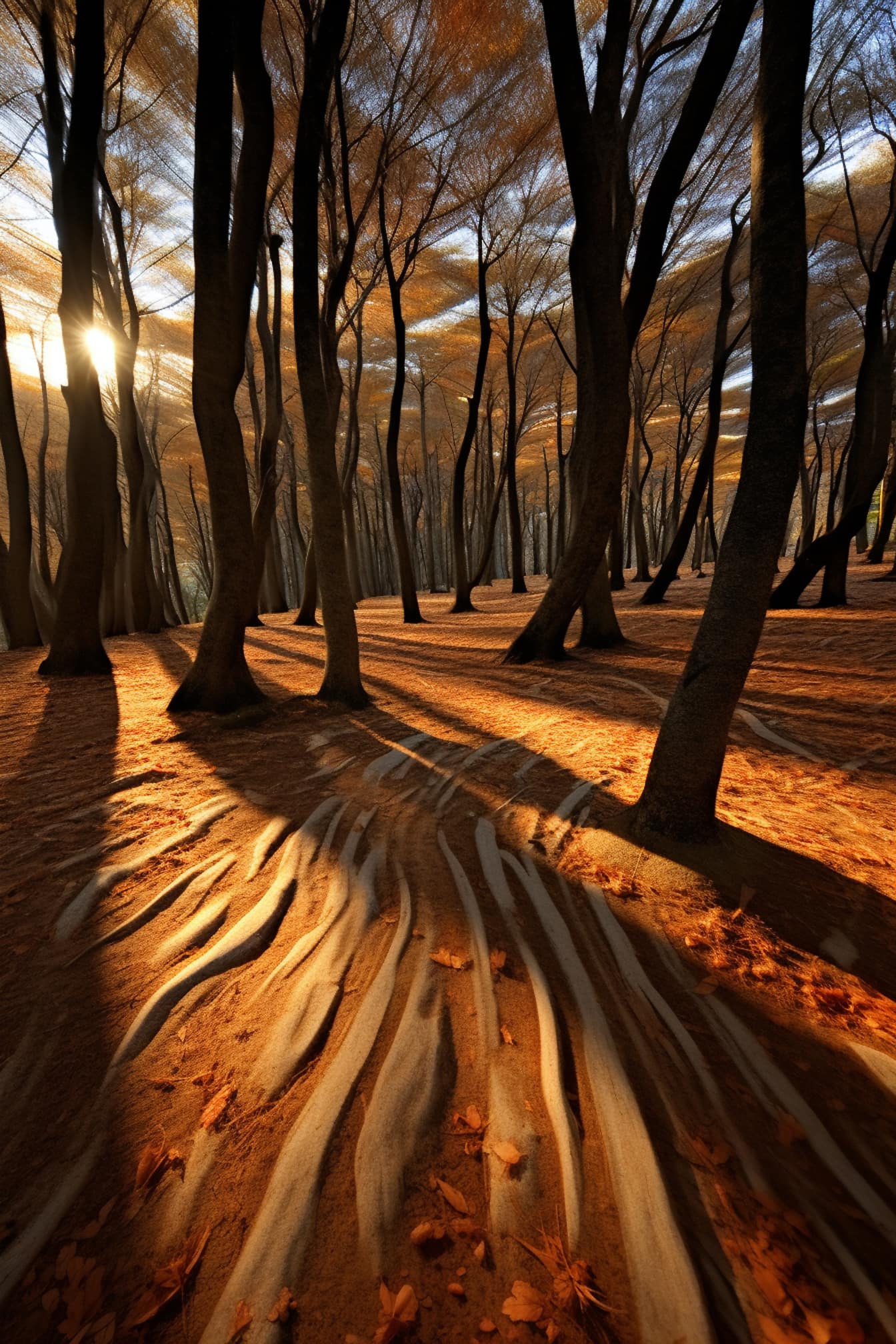 Photomontage of woodland in autumn season with backlight sunrays
