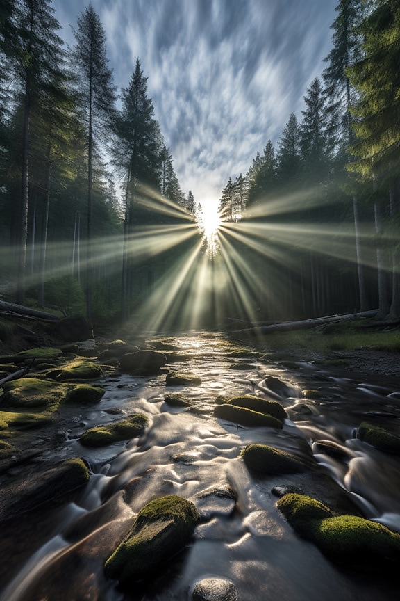 Majestic sunrays in forest with rocky river