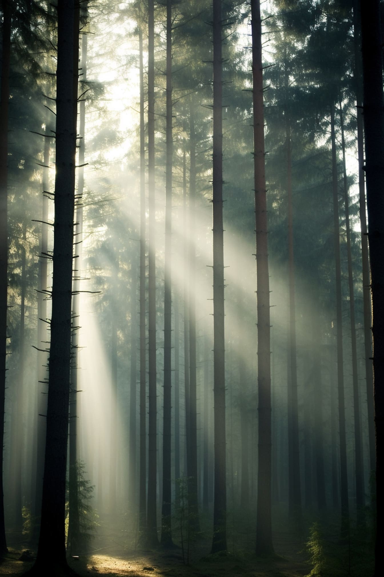 Hutan gelap berkabut dengan cahaya latar buram
