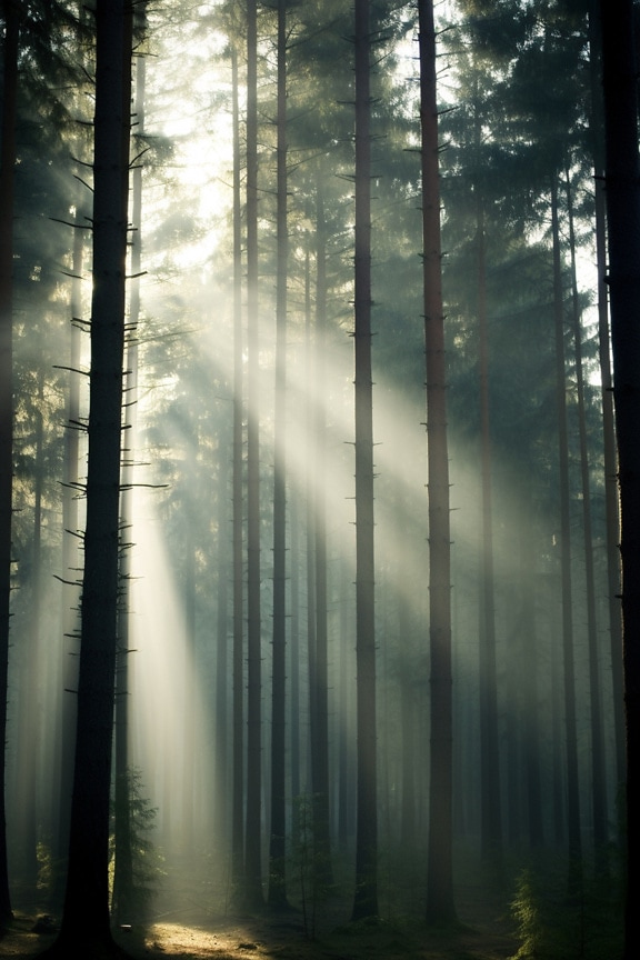 ぼやけた逆光の霧の暗い森