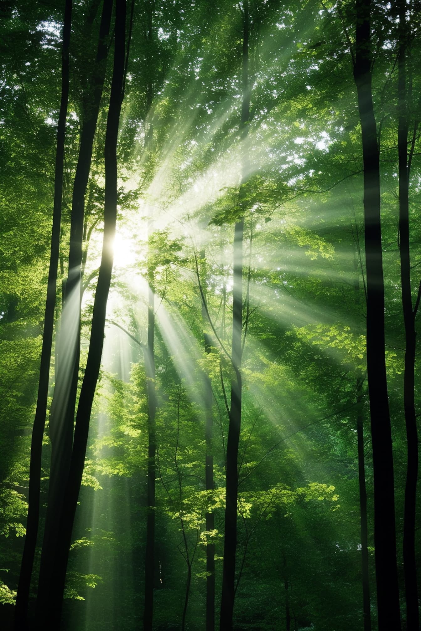 Tummanvihreä metsä, jossa puiden varjo ja taustavalon auringonsäteet