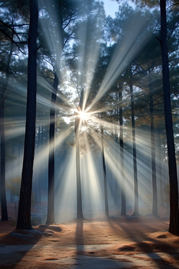 Graphic illustration of backlight sunrays in forest