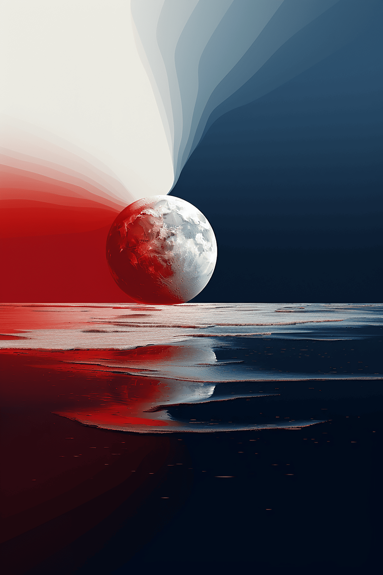 Fotomontasje av månen med rød og blå bakgrunn