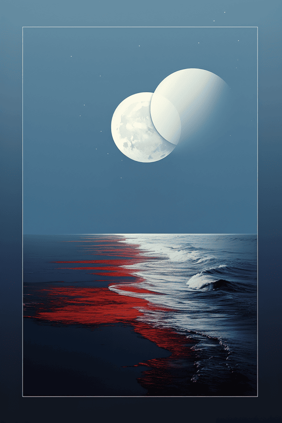 Graphic illustration of waves with moonlight in frame