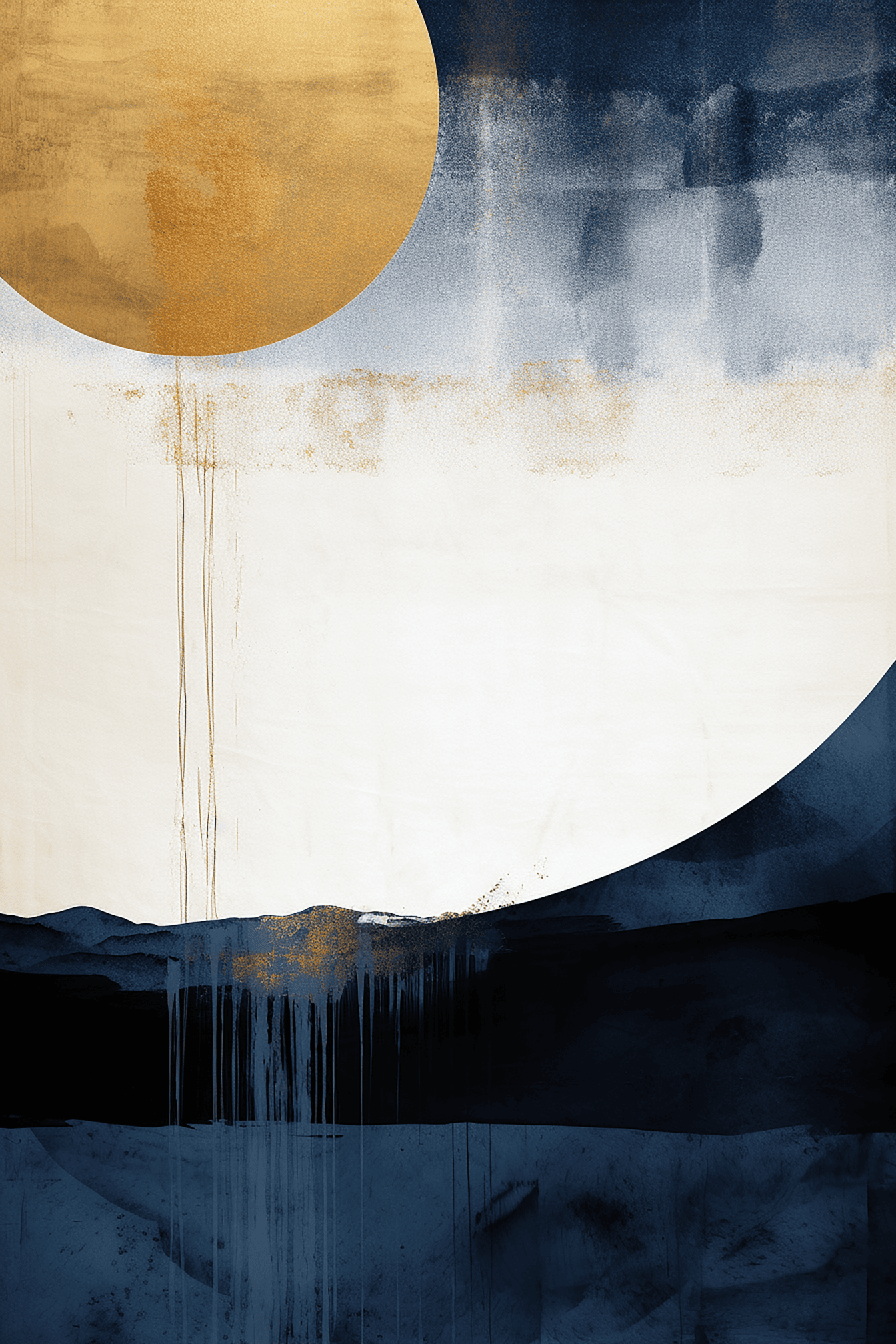 Grafisk illustration av gulbrun måne och mörkblå vågor