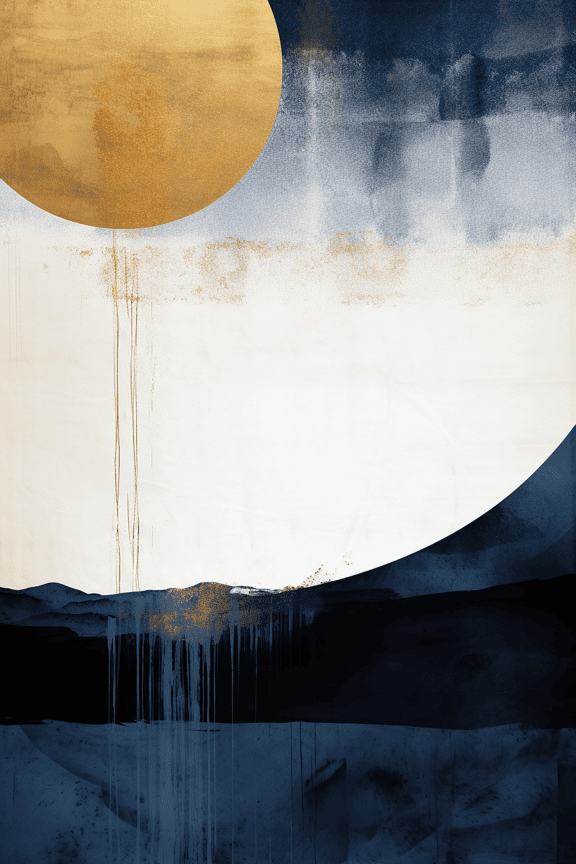 Grafische Illustration von gelblich-braunem Mond und dunkelblauen Wellen