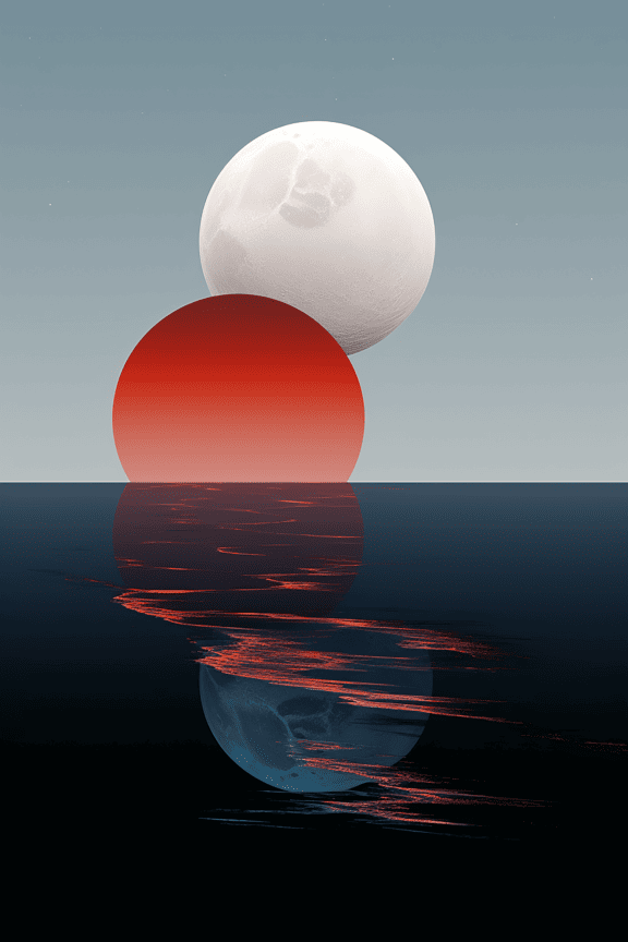 Червено слънце и бяла луна графична илюстрация