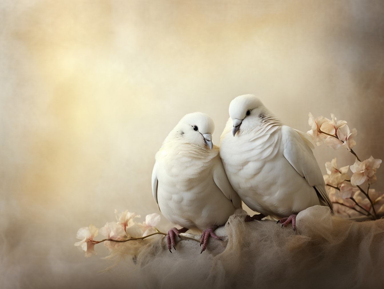 Fotoateliérová fotografie bílých holubic na kvetoucích větvích