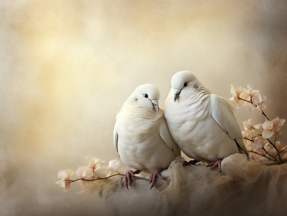 Photo studio photo of white dove birds on flowering branchlet