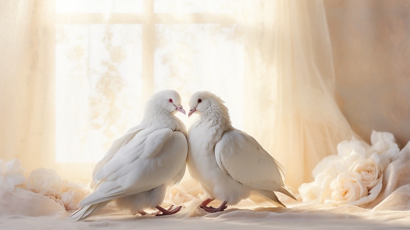 Păsări albe de porumbel pe pat în dormitor cu lumină de fundal strălucitoare