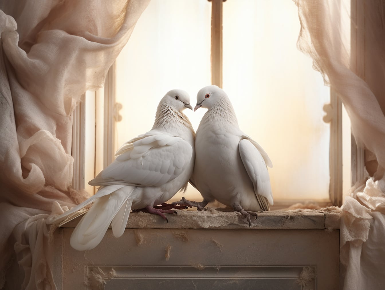 Uccelli bianchi del piccione sulla finestra di legno con la tenda beige