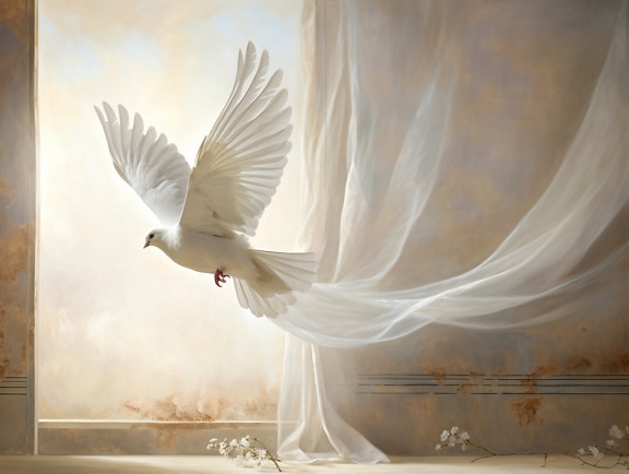 Grafică frumoasă a porumbelului alb care zboară din cameră