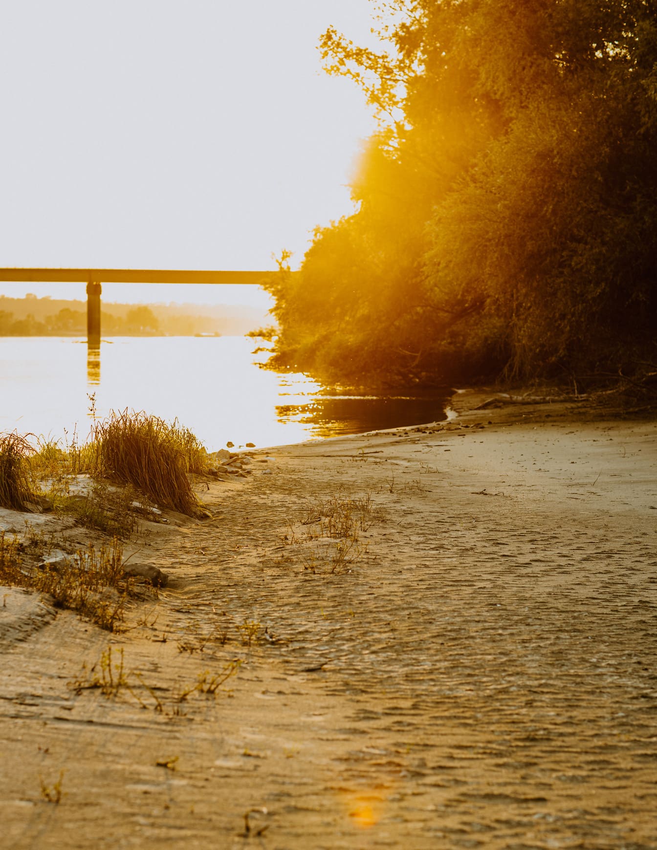 Sinar matahari cerah saat matahari terbenam di gundukan pasir tepi sungai Danube