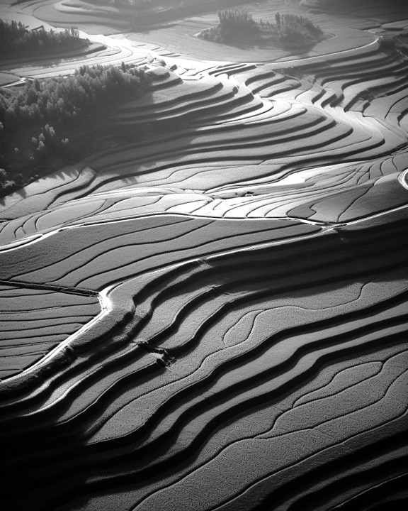 Black and white aerial of cascade filed in hillside
