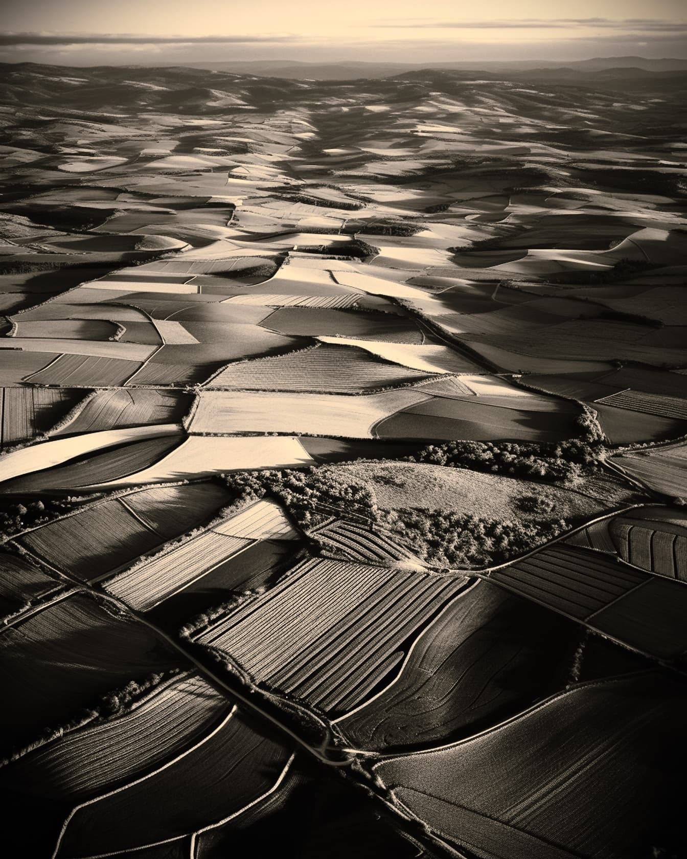Monokrom flyfoto av jordbruksmarker i åssiden