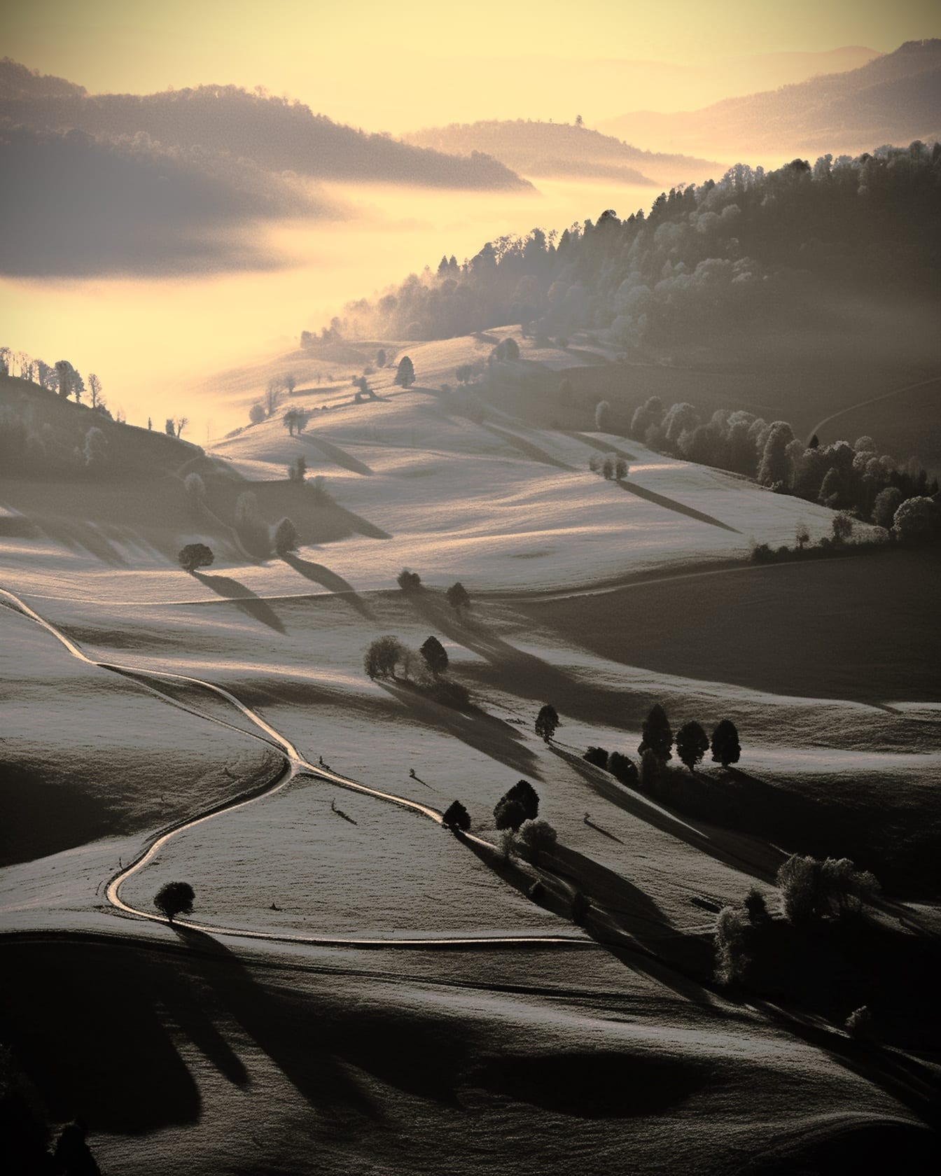 Campos nevados brumosos del campo en el valle en invierno