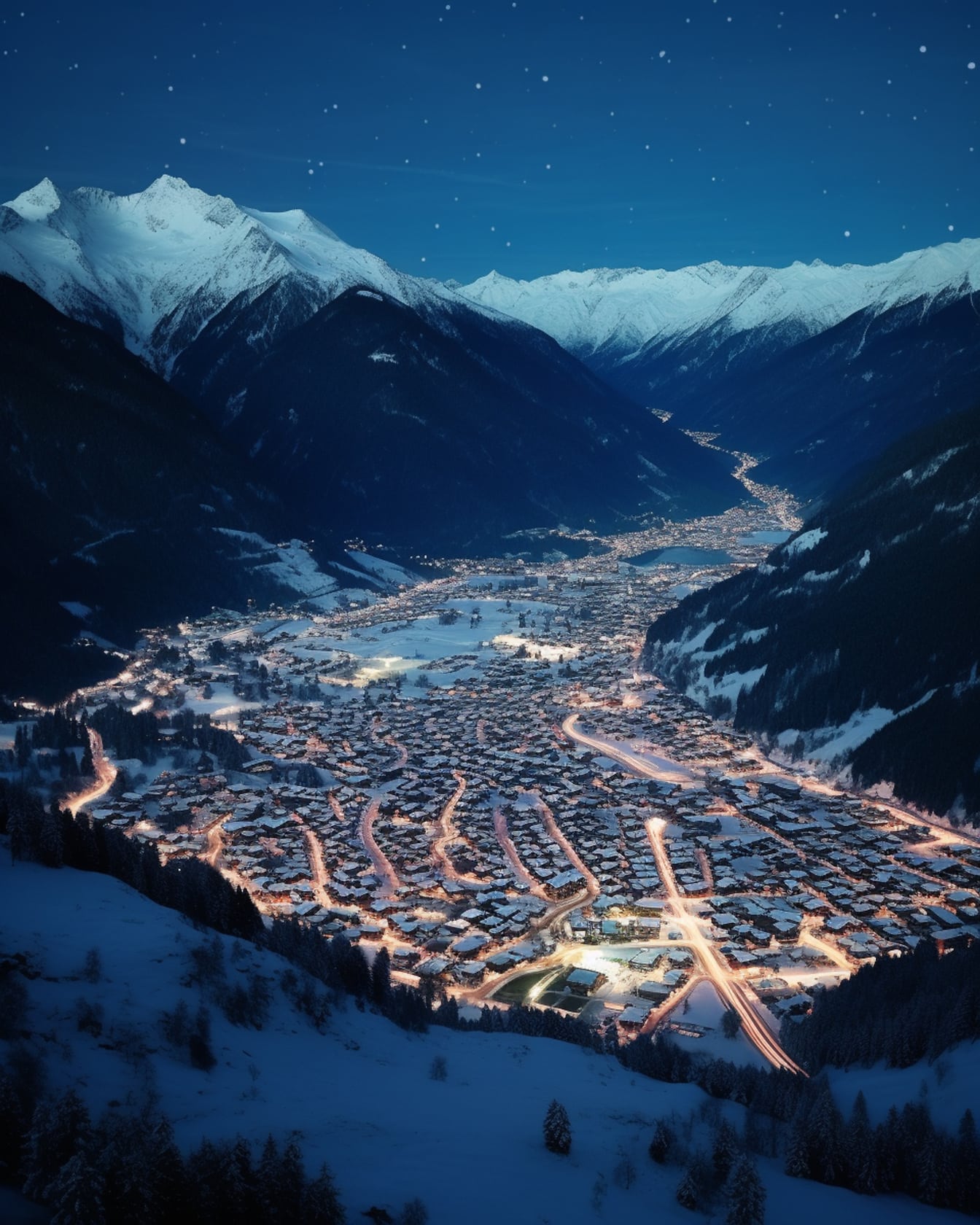 Panoramiczne nocne zdjęcie lotnicze miasta w dolinie zimowego kurortu