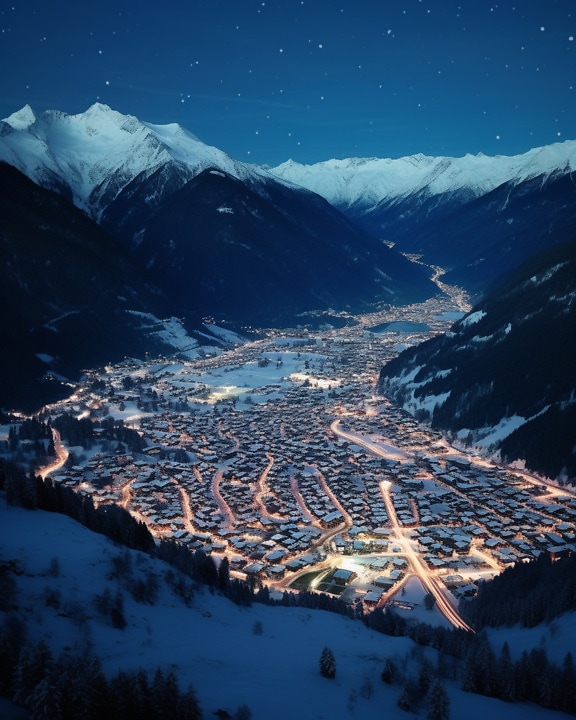 Panoramic aerial night photo of town in valley winter resort area