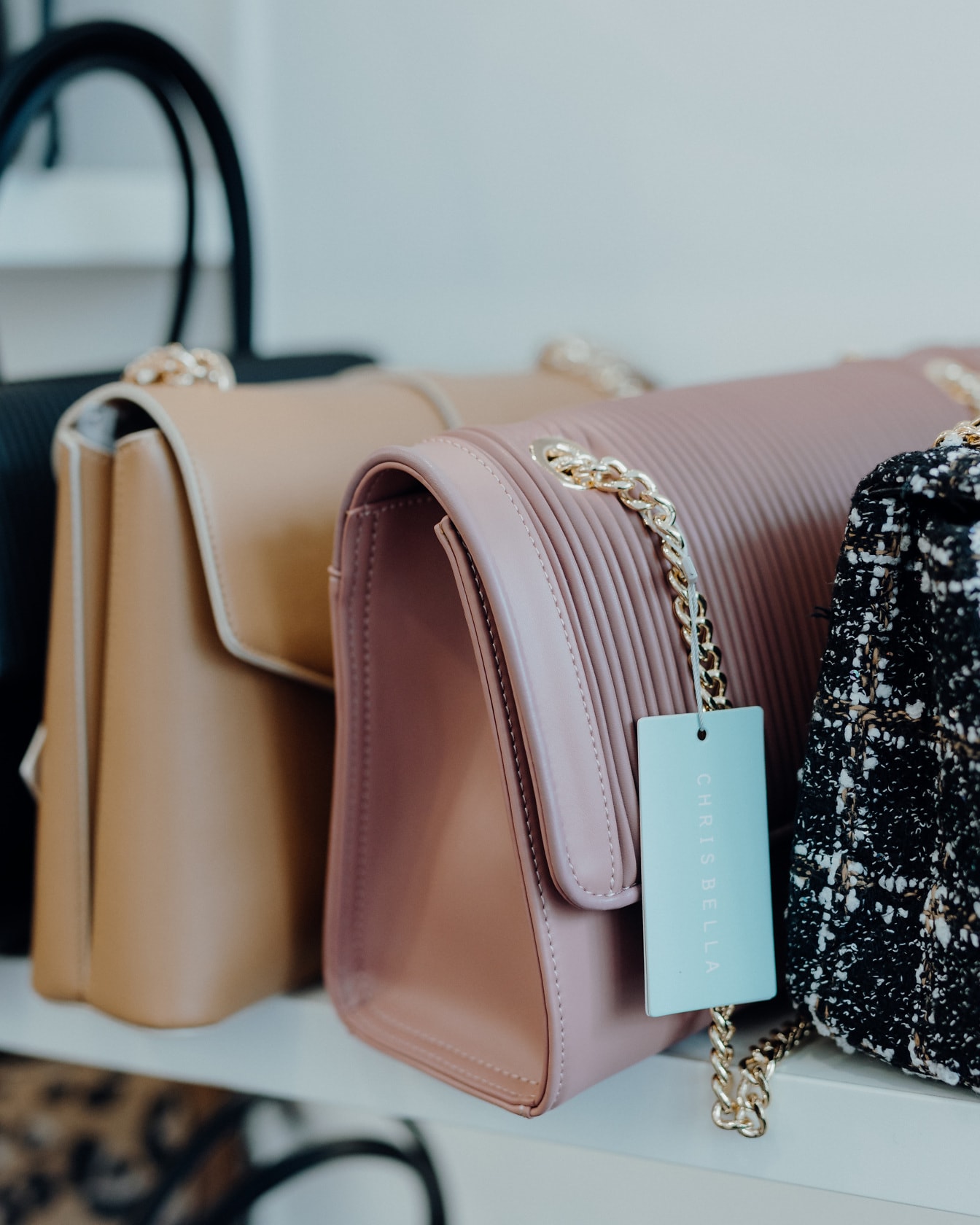 Variety of fancy handbag on shelf in store