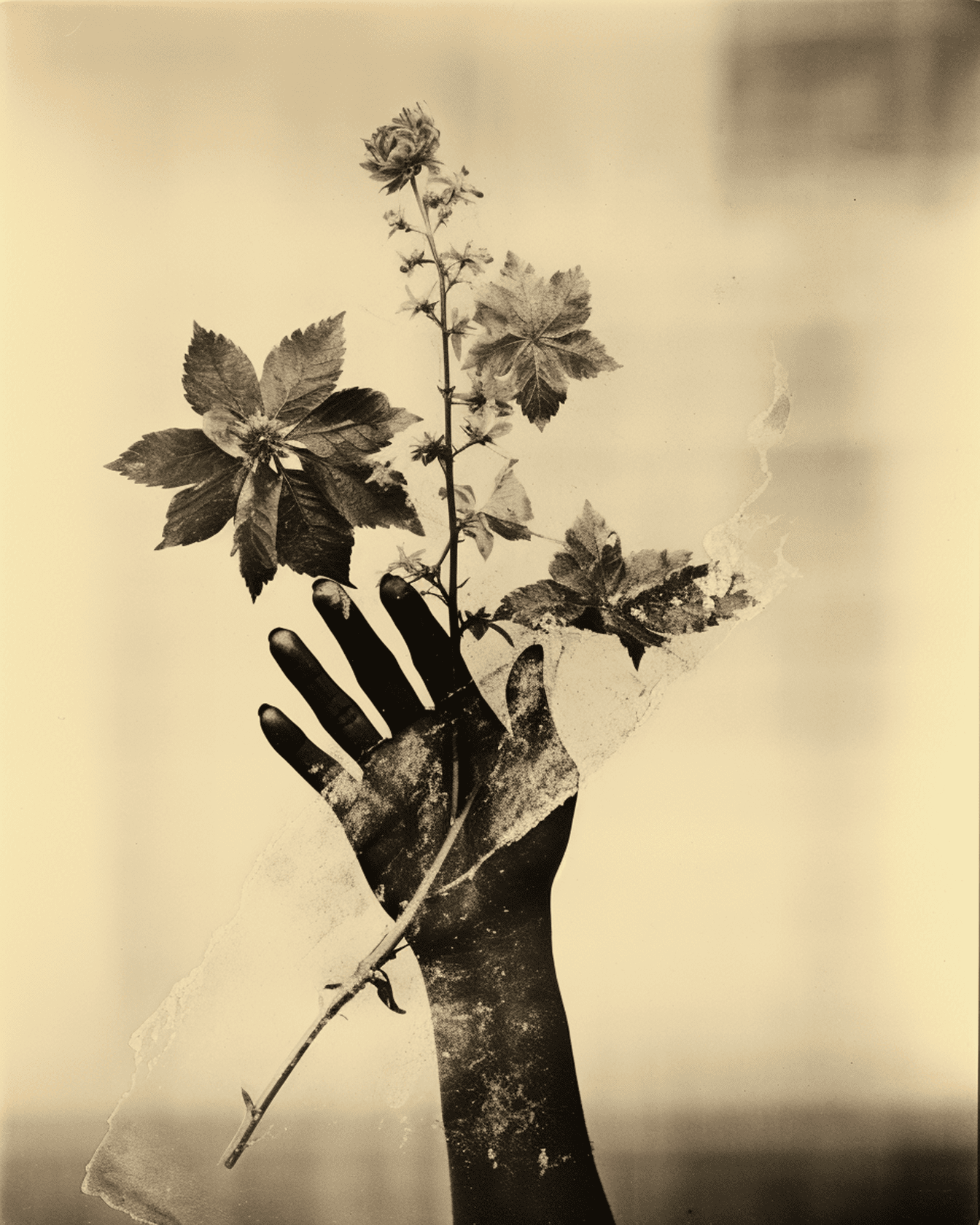 Sepia grafika crne ruke s digitalnom illsutracijom divljeg cvijeća