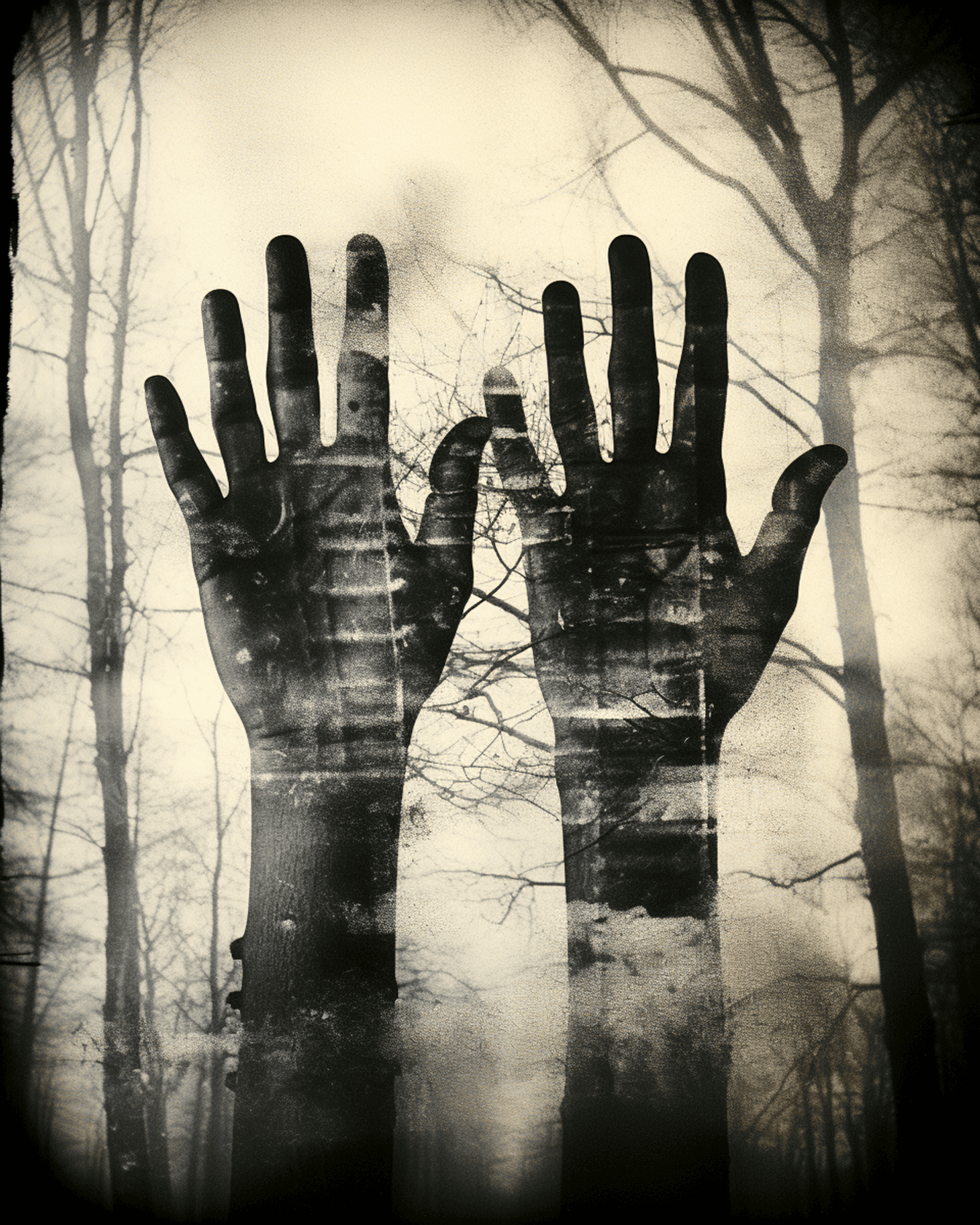 Fekete horor kezek sziluettje sötét szépia grafikus illusztrációban