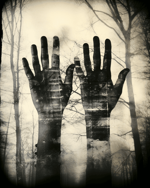 Silhouette of black horor hands in dark sepia graphic illustration
