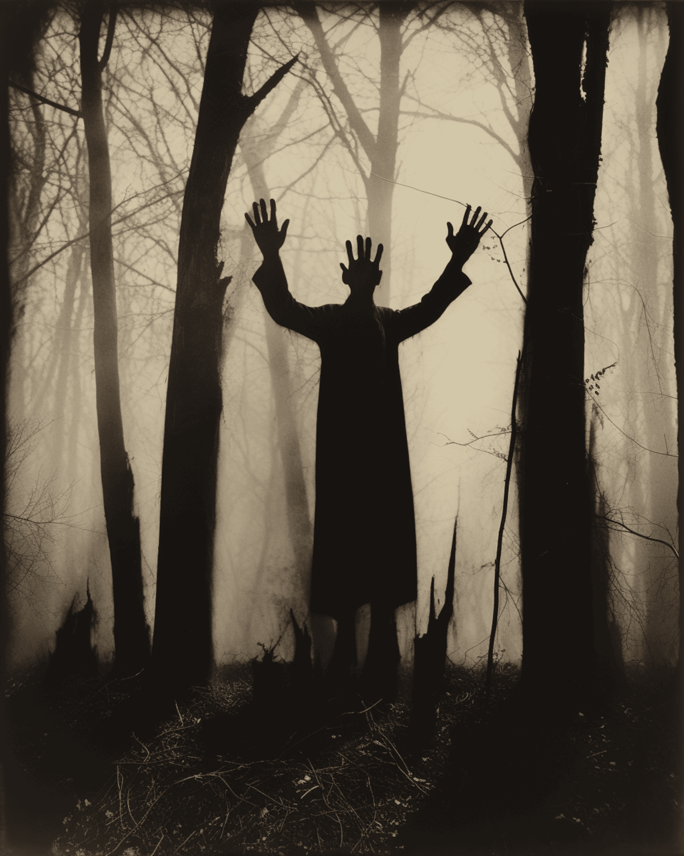 Skrämmande silhuett av person med händer i mörk skog