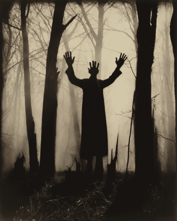 在黑暗的林地里用手的人的可怕剪影
