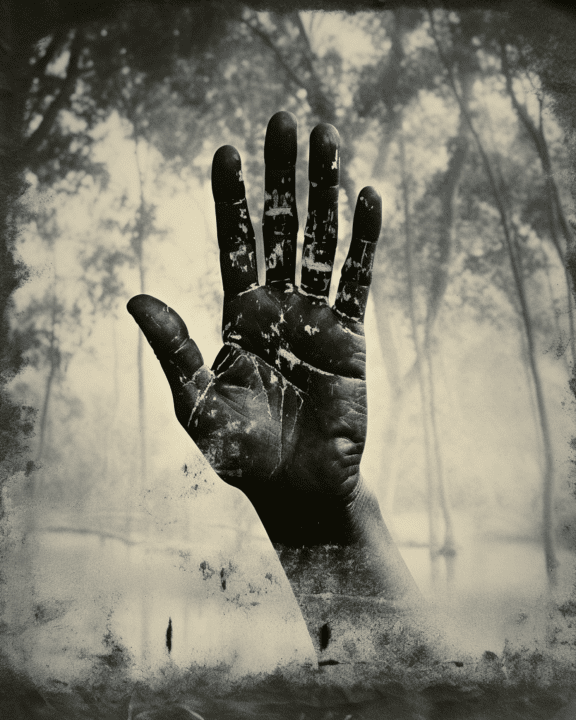 Monochrome photomontage of black hand digital graphic illustration