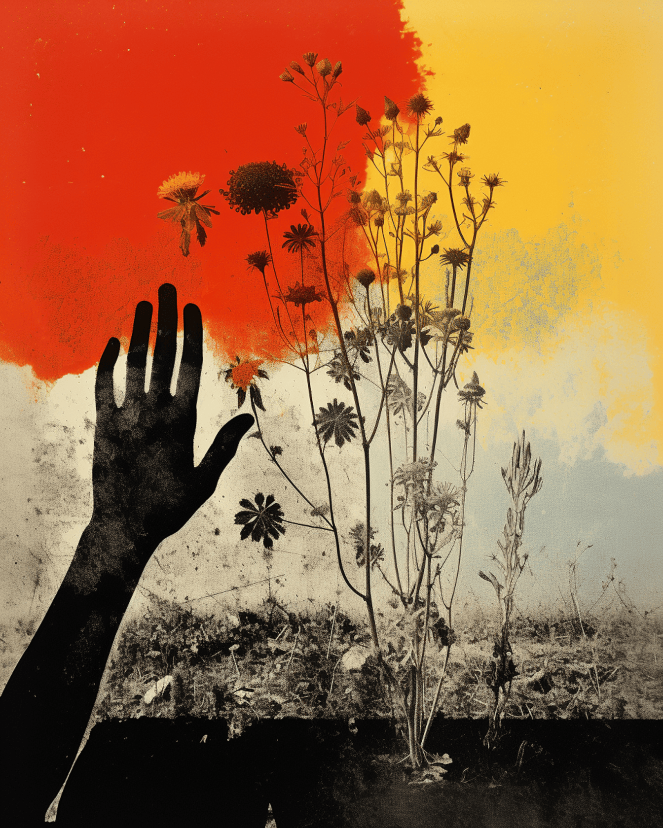 Ilustrasi digital tangan hitam dengan latar belakang oranye kuning