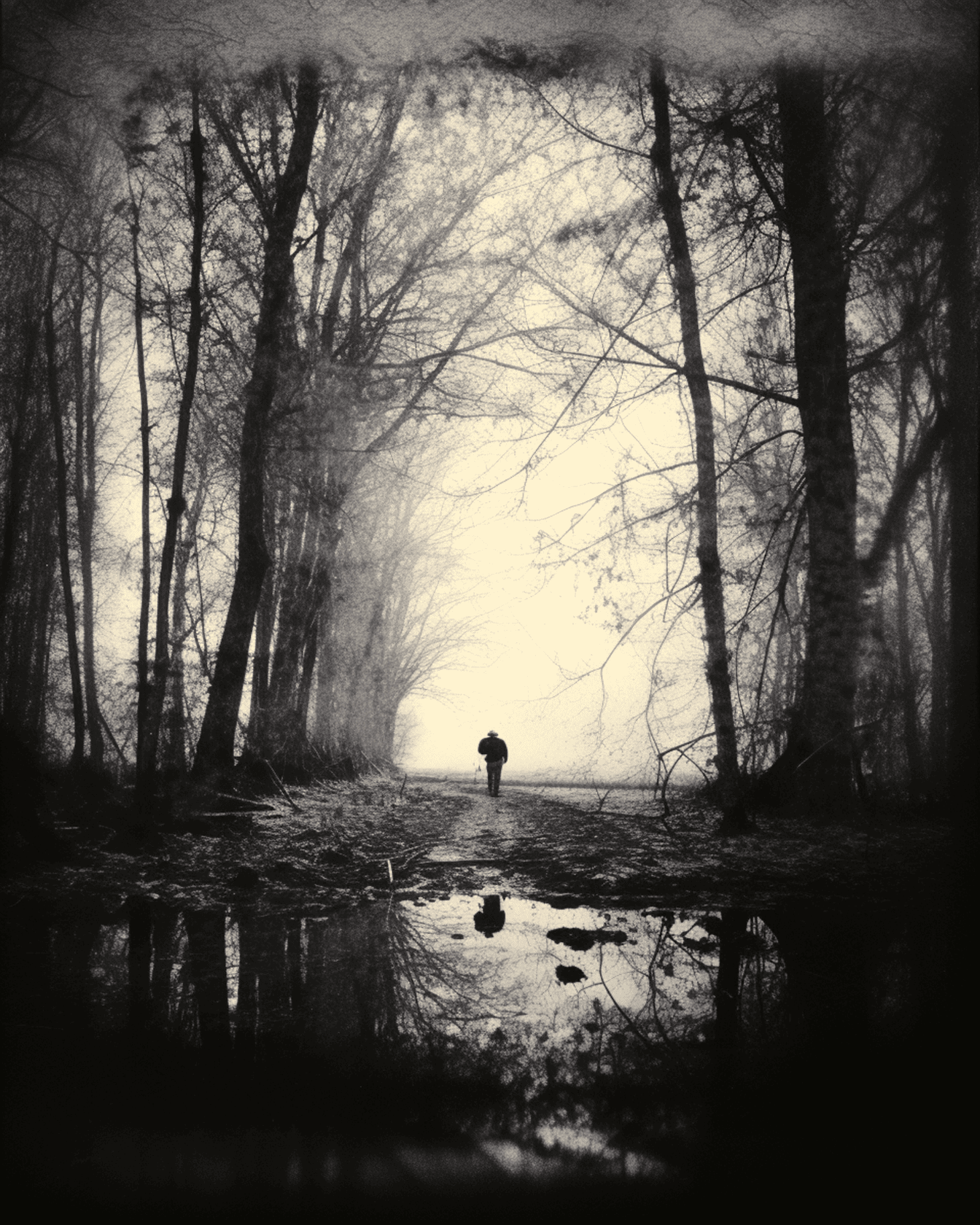 暗い森の中の林道を歩く人のシルエット