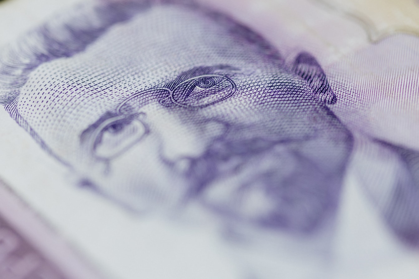 Srbské dinárske papierové peniaze s fialovou grafikou hlavy zblízka