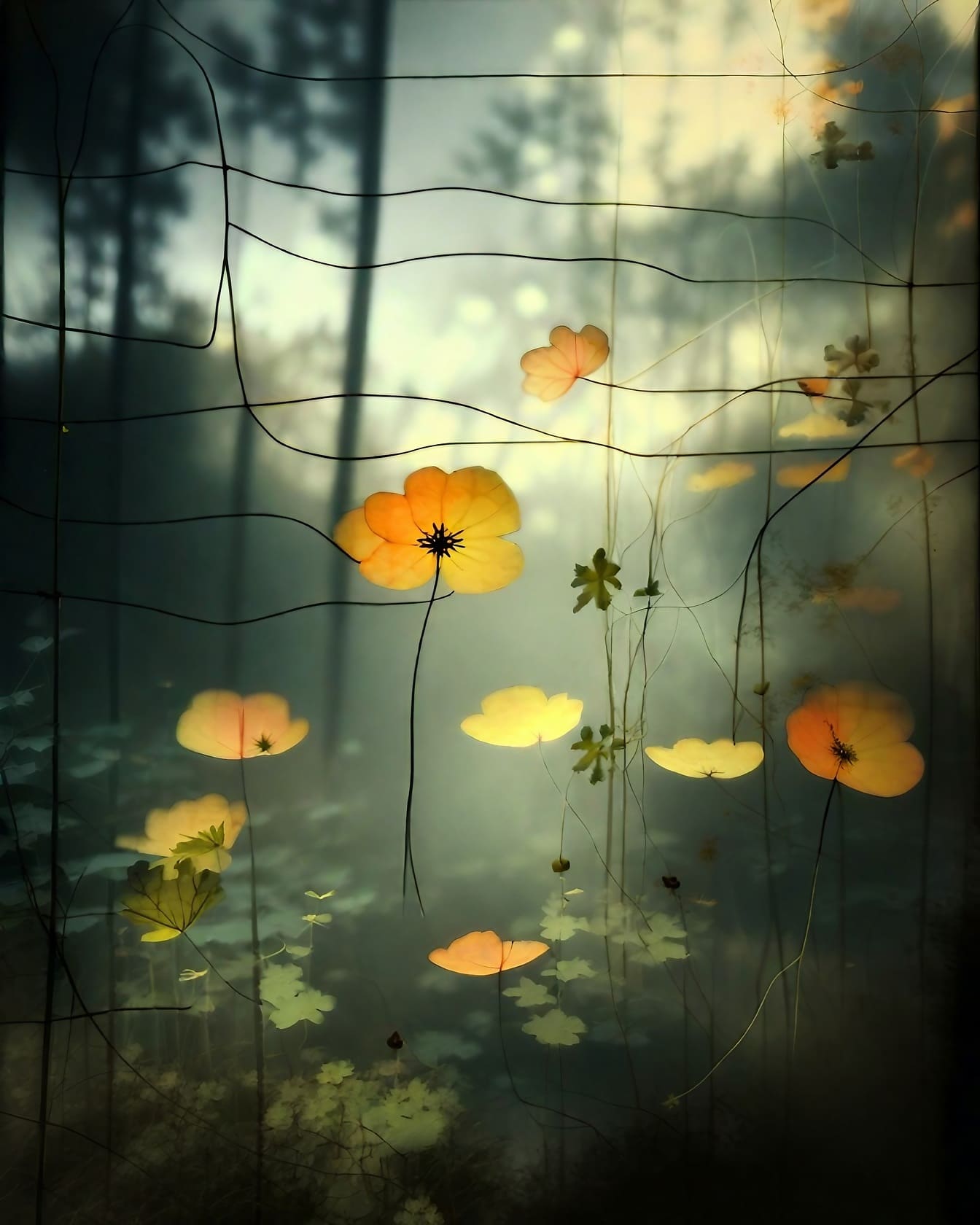 Жълтеникави цветя плаващ цифров графичен фотомонтаж