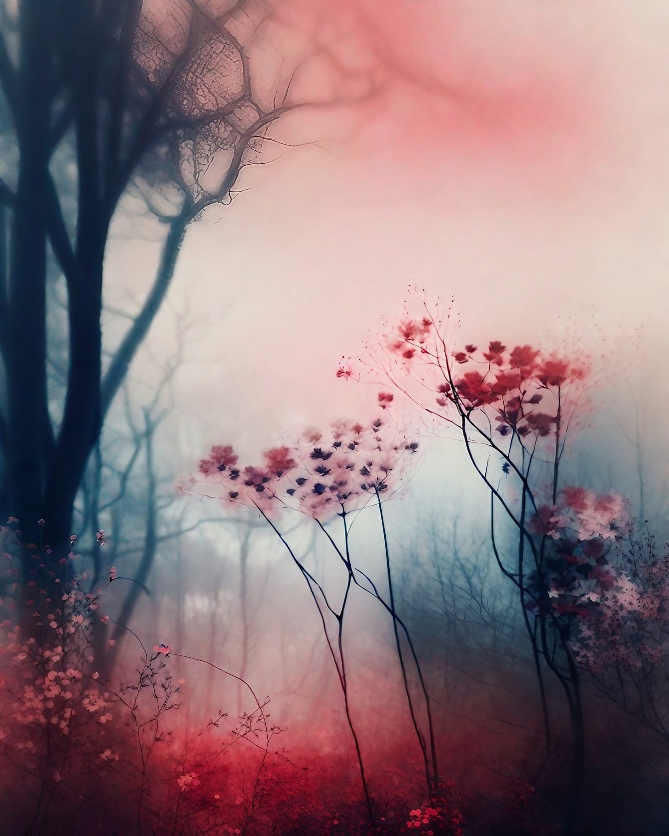 Surrealistický sen vibrující květinová grafická fotomontáž