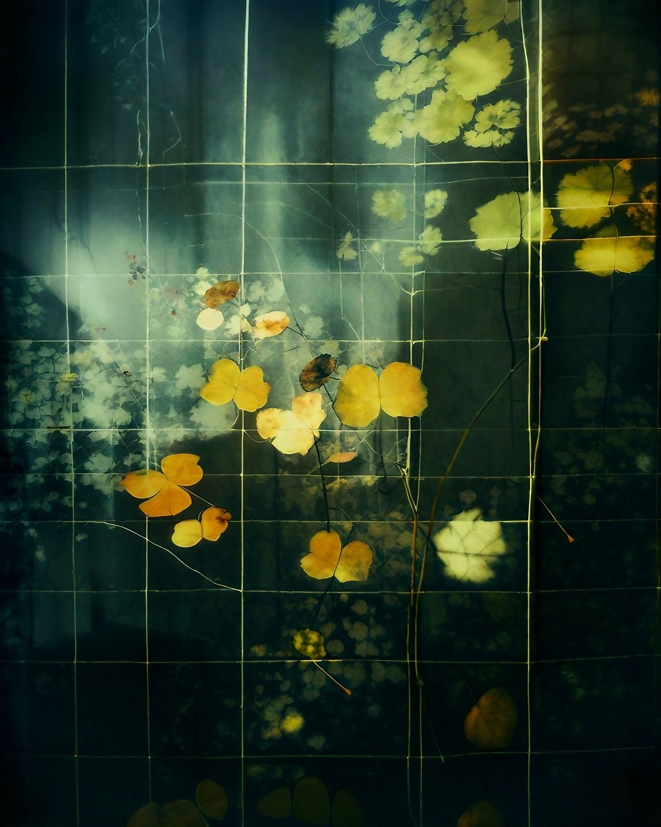 Žltkasté listy pod vodou surrealistická grafická ilustrácia