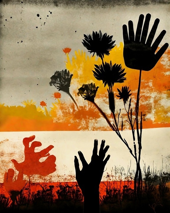 Sorte hænder blomsterdekoration digital surrealistisk illustration