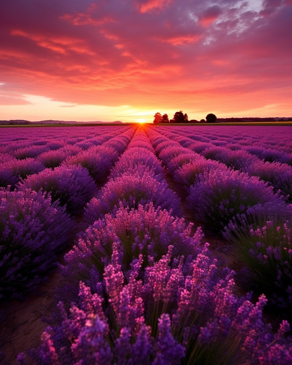 Matahari terbenam di langit merah tua di atas lapangan dengan bunga-bunga lavender yang semarak