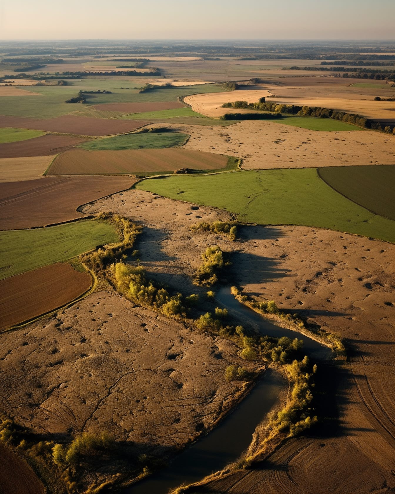 田園地帯の牧草地の航空風景写真