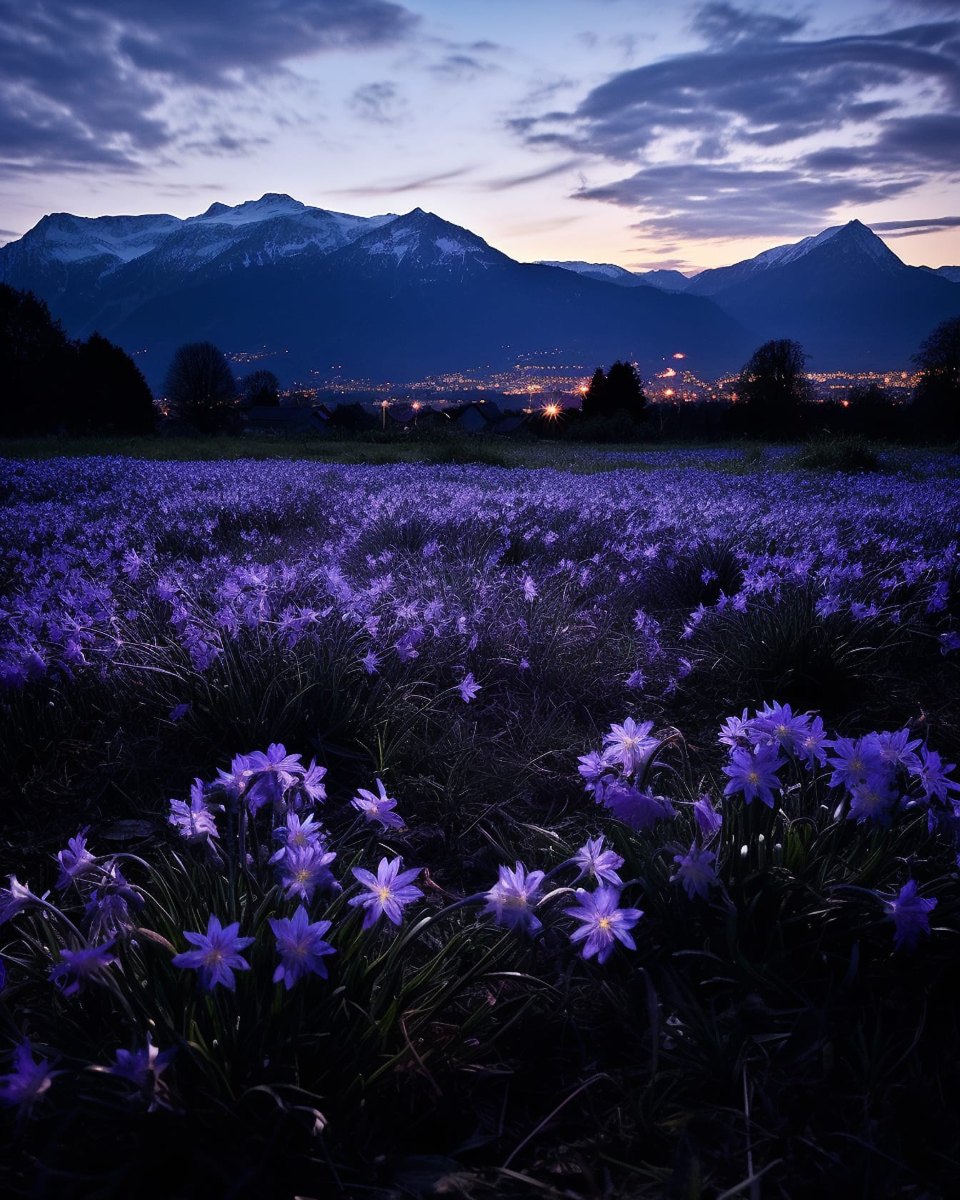 Un câmp de flori sălbatice purpurii pe câmp noaptea, cu panoramă a peisajului urban în fundal