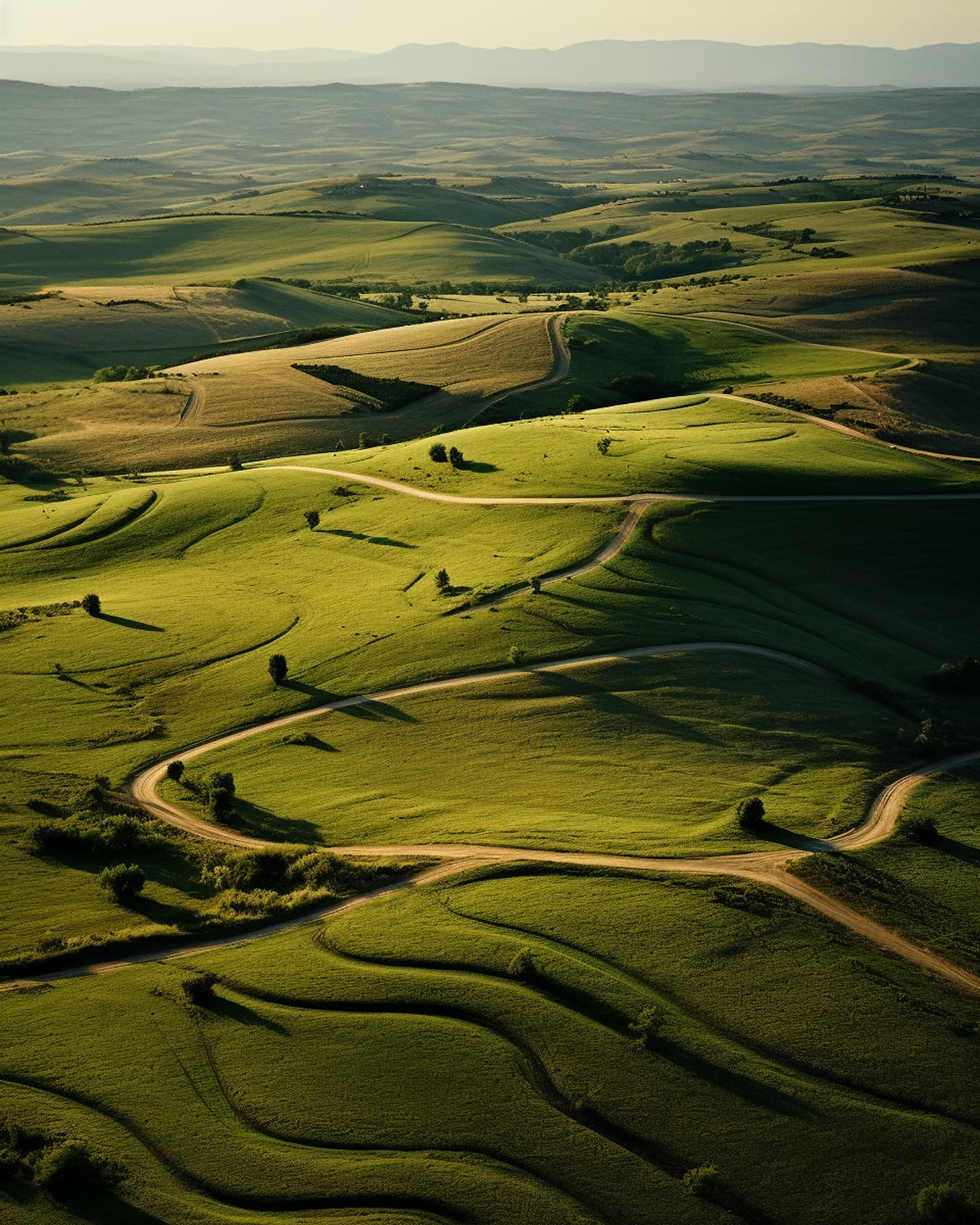 Zračna fotografija seoskih brežuljaka u proljeće na sunčan dan