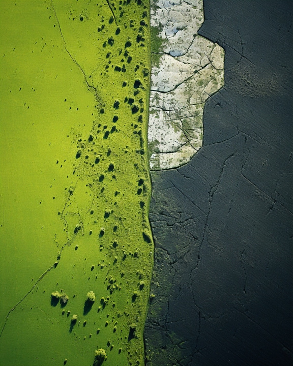 Aerial photograph of greenish yellow and dark green pastures