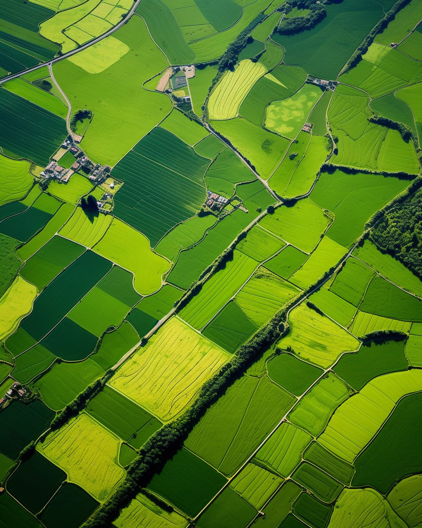 農村地域の緑がかった黄色の畑の航空写真