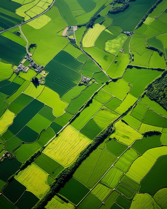Aerial graphic of greenish yellow fields in rural area