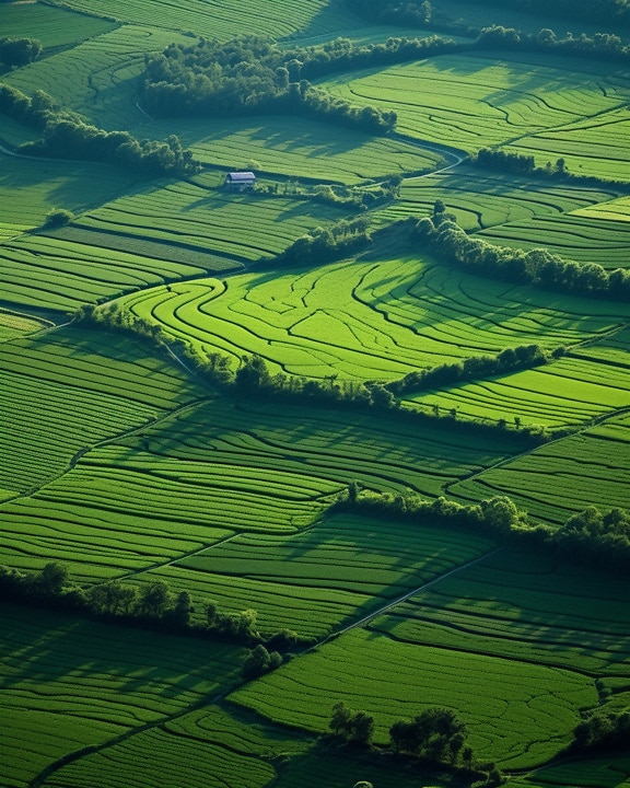 Tmavě zelená zemědělská pole v krajině na svahu kopce