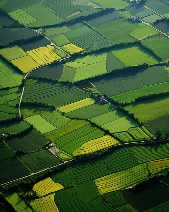 Greenish yellow agricultural fields in spring time aerial photo