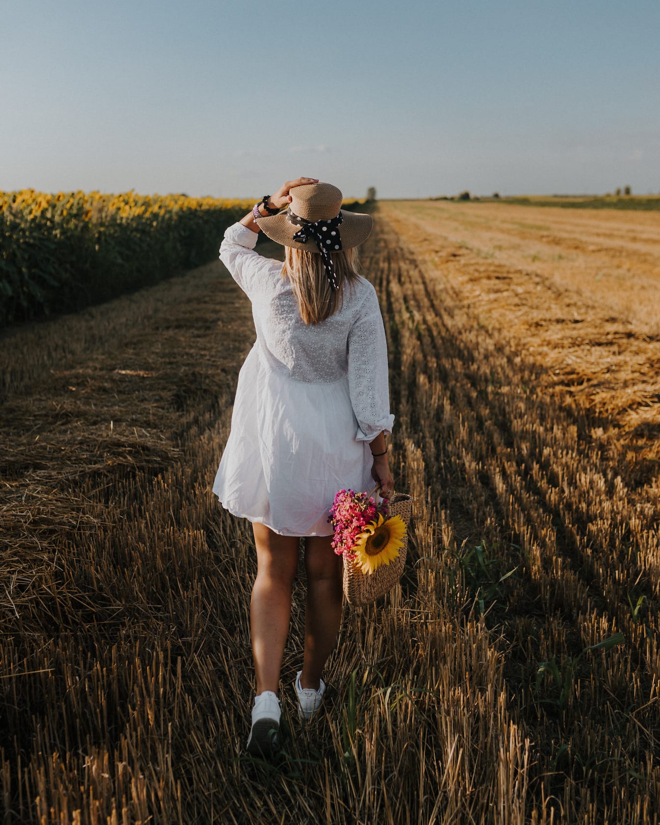 Người phụ nữ trẻ đi bộ trên cánh đồng lúa mì trong chiếc váy trắng và đội mũ rơm