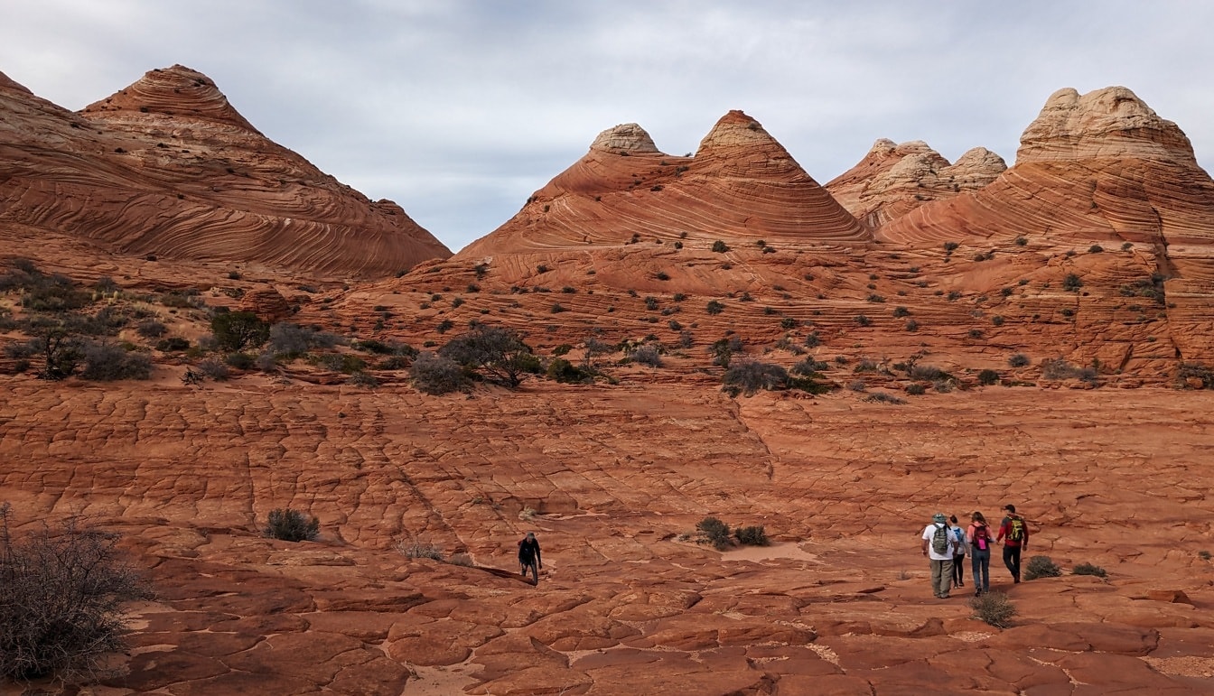 Группа туристов наслаждается туристической достопримечательностью пустыни