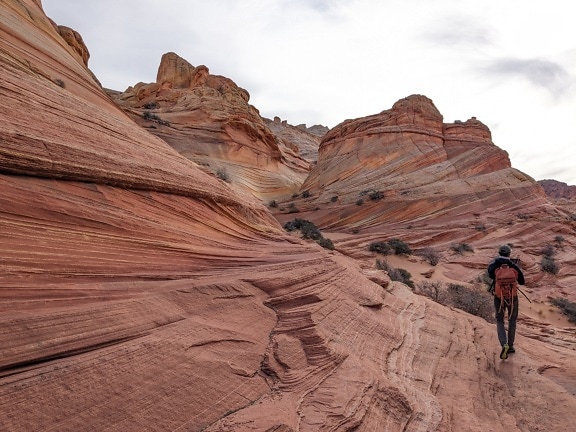 Backpacker hiker walking on desert cliff in natural park