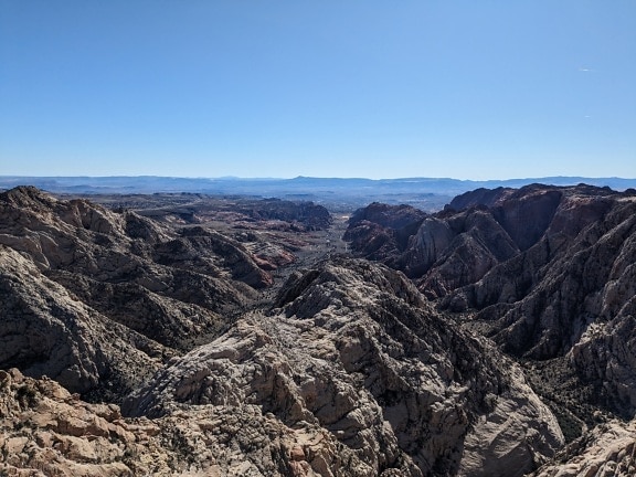 Panoramic view of desert mountain peaks and valley in natural park