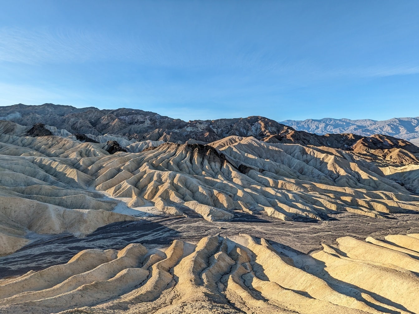Panorama of Death valley national park with sandstone dunes and blue sky